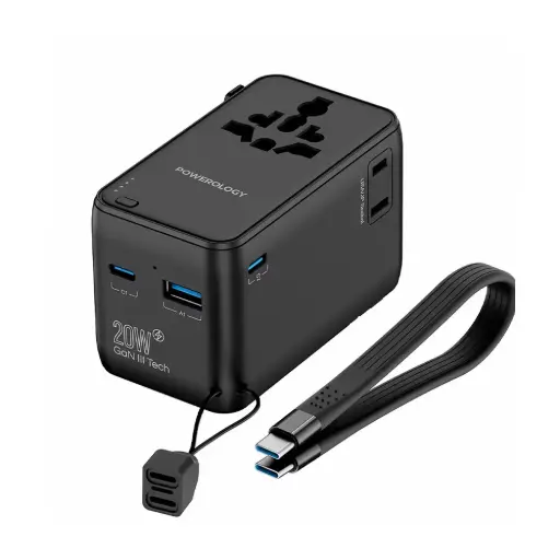 [PWCUQC054BK] Powerology 2,500W Universal Travel Adapter with 4,000mAh Power Bank - Black 