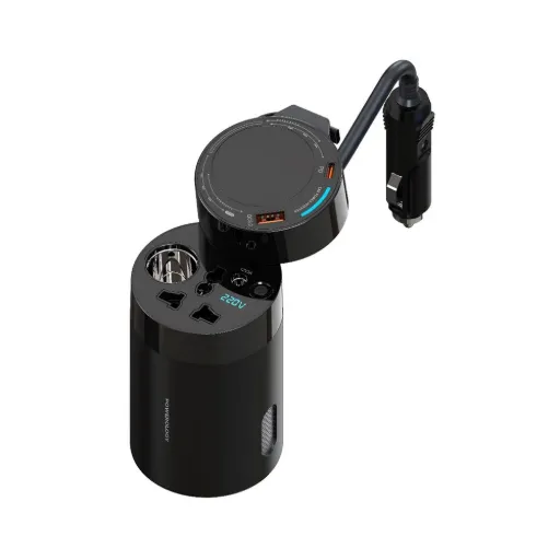 Powerology 200W Car Power Inverter With Universal AC Socket and Type C Retractable Cab