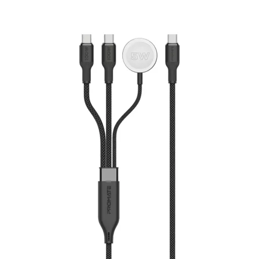 Promate Fusion-CCW 100W High-Speed Nylon Braided Multi-Device Charging Cable with Apple Watch Charger