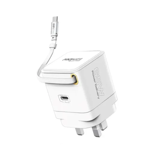 Promate Cubix-R65 Wall Charger, Built-In 65W Power Delivery Retractable Cable