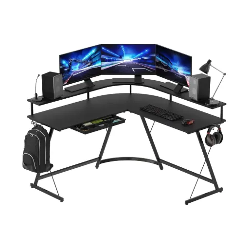 L Shaped Gaming Desk with Full Around Monitor Stand and Drawer