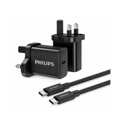Philips 30W GaN Fast Wall Charger with 65W USB-C to USB-C Braided Cable, 1m